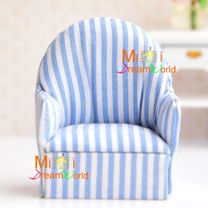 Nuoyi Dollhouse Furniture Miniature Doll Navy Stripe Sofa,Living Room Doll Alternate Stripes of Blue White Mini Sofa