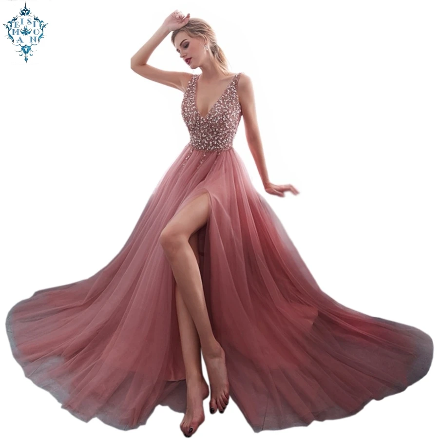 

Ameision Evening Gown 2019 Sexy Crystal Beading Split Tulle Prom Dress Floor Length Evening Dress vestido longo festa