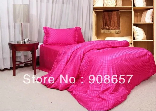 

new luxurious imitated silk fabric girls bedding set magenta checked prints bed in a bag queen/full duvet covers sets bed linens