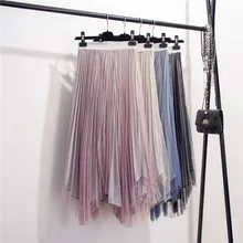 Модная летняя юбка миди Нерегулярные Хем сетки плиссированные юбки металлик Сияющий Цвет Высокая Талия юбки-пачки сетки Лоскутная юбка