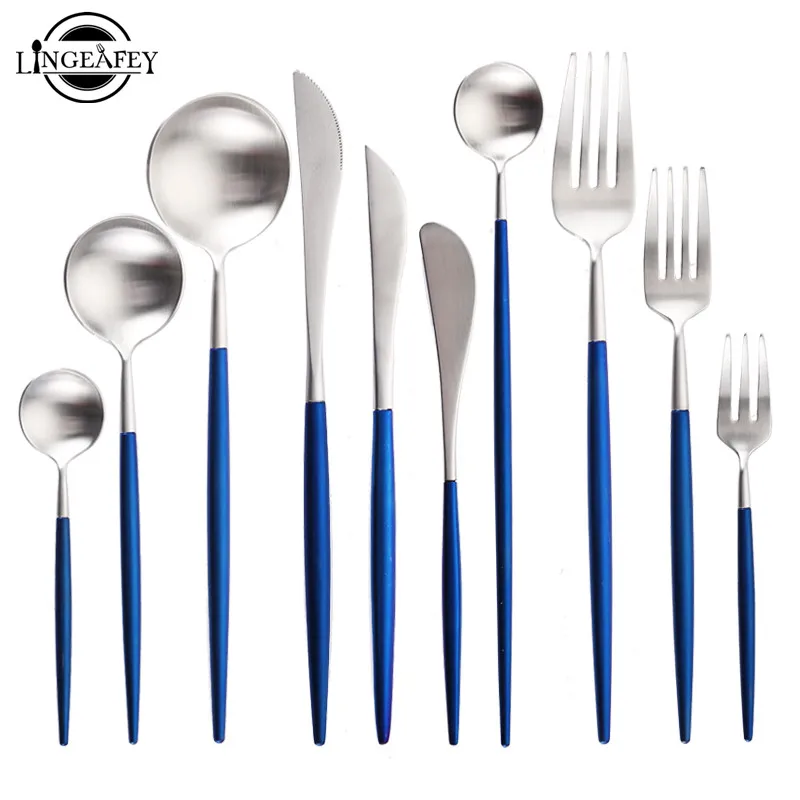 

Steel Cutlery Set Blue Silver Spoon Knife Dinner Set for Western Wedding Forks Spoon Knives Korean Kitchen Spoon Fork Knife Set