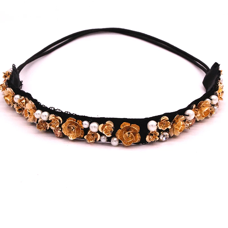 2017 New Spring Gold Metal Flower Headbands Boho Black Nylon fAabric