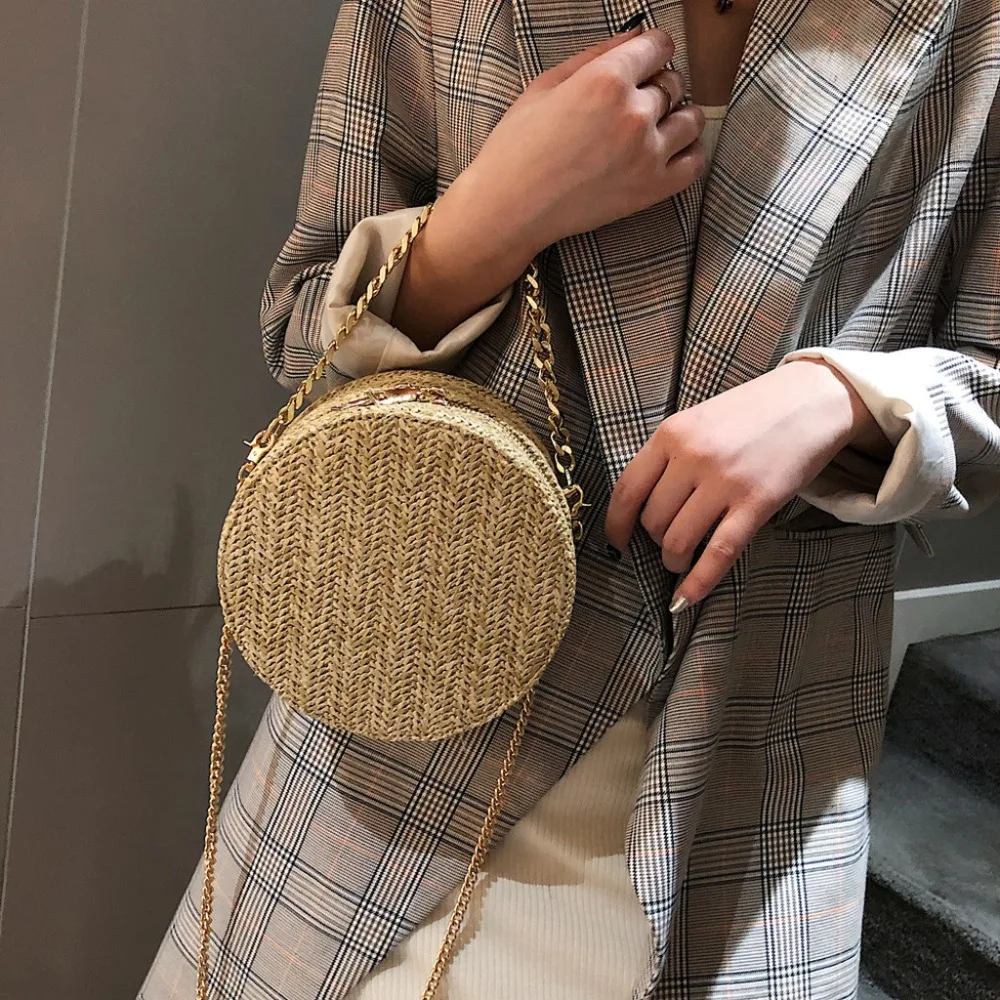 Round Straw Chain Bags Women Summer Rattan Bag Handmade Woven Beach Cross Body Bag Circle Bohemia Handbag Bali