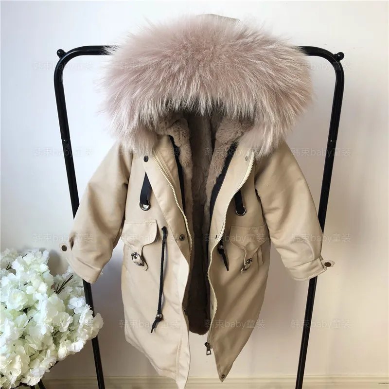 

Parent-Kid's Real fur parkas winter warm thicken long real rabbit fur jackets for baby girls hooded cotton padded coats