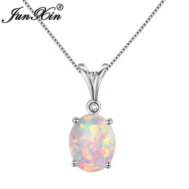 

JUNXIN 925 Sterling Silver Filled Oval Stone White/Purple/Orange/Blue Fire Opal Pendants Necklaces For Women Birthstone Jewelry