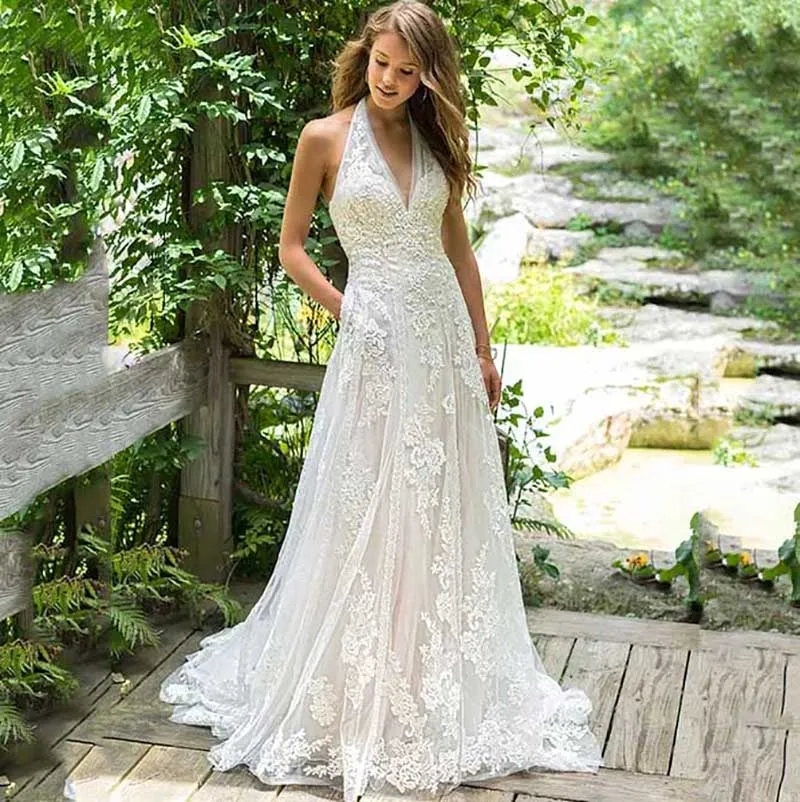 

Smileven A Line Wedding Dress Halter Lace Bride Dress 2019 Open Backless Lorie Wedding Gowns Vestido De Novia Boho