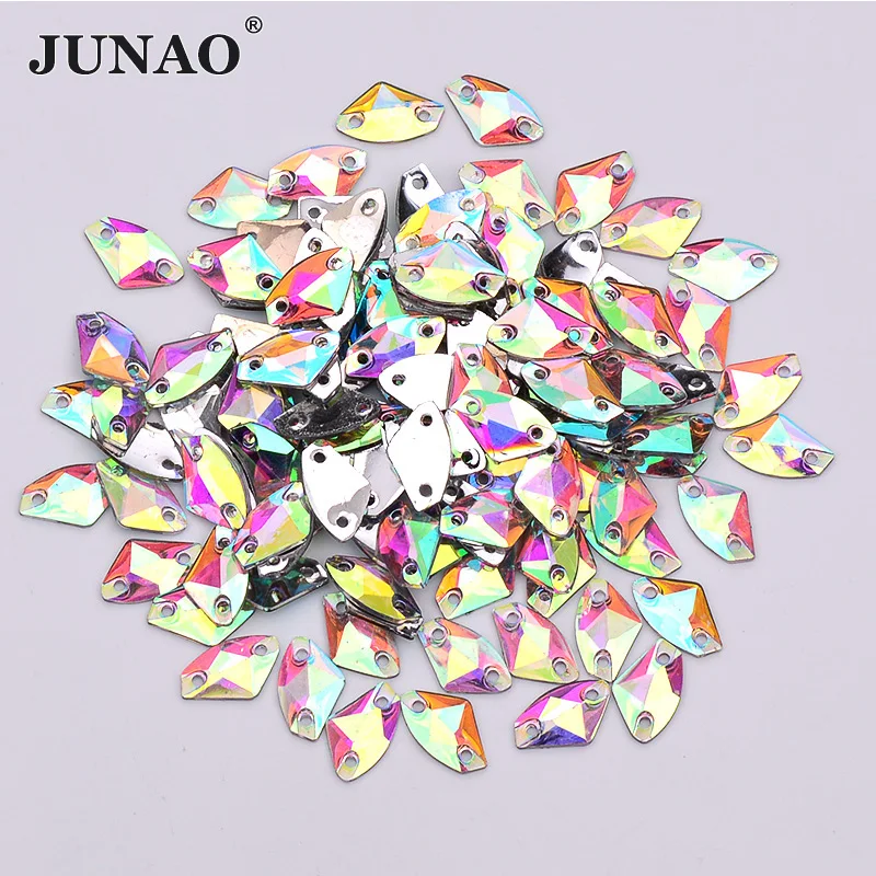 

JUNAO 100pcs 8*14mm Sew On Crystal AB Resin Rhinestones Flatback Fancy Crystal Appliques Scrapbook Beads for DIY Clothes Crafts