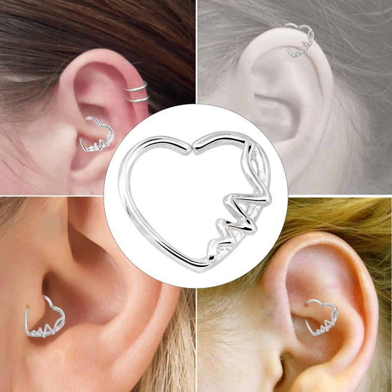 BODY PUNK Heart Shaped  Waves Left Closure Daith Cartilage Earring Wholesale Surgical Stainless Steel Barbell Tragus Piercing   (1)
