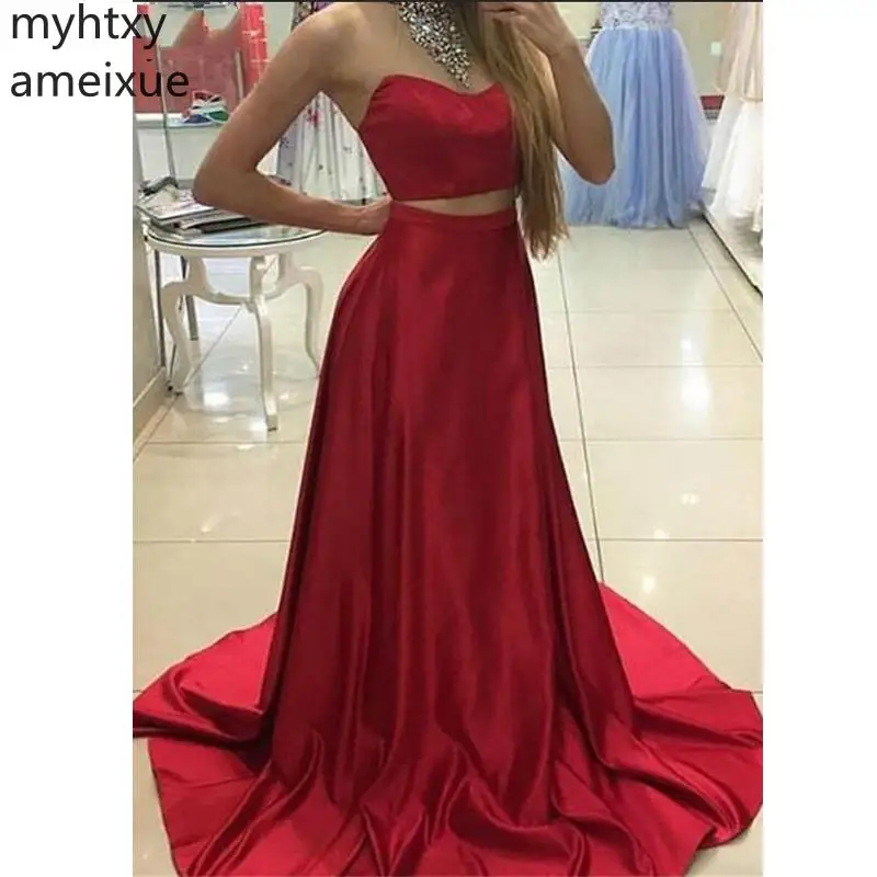 

Red Sexy Satin 2021 Plus Size Evening Dress Sweetheart Two Pieces Robe De Soiree Sleeveless Backless Long Formal Party Dresses