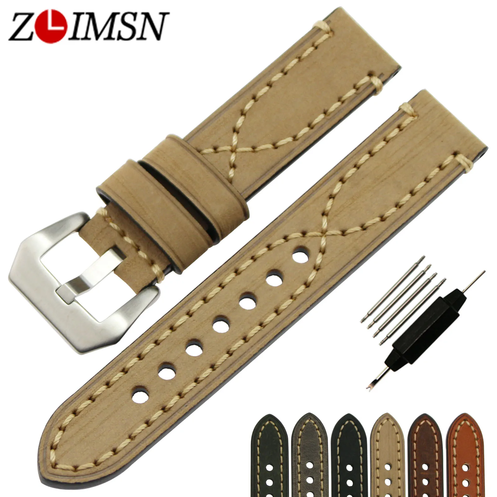 

ZLIMSN Watchbands Genuine Leather Thick Watch Band Strap Bracelet Belt 20 22 24 26mm 316L Stainless Steel Buckle Silver Brushed