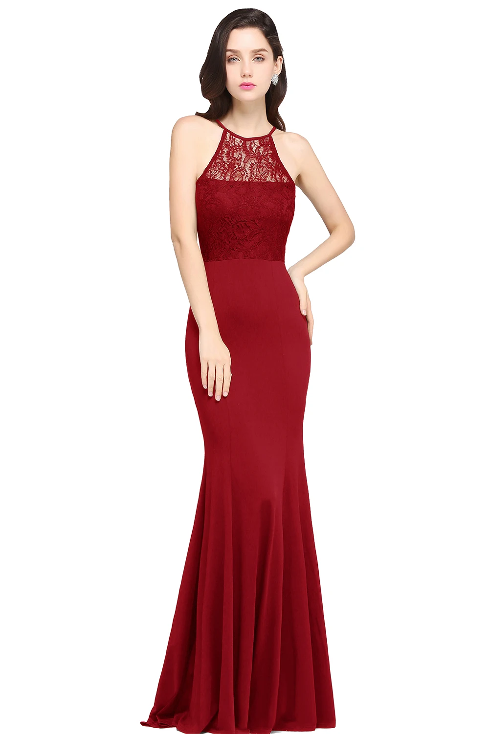 Robe De Soiree Longue Русалка бордовое кружево дешевые длинные платья подружек невесты Холтер простые Выпускные платья вечерние платья