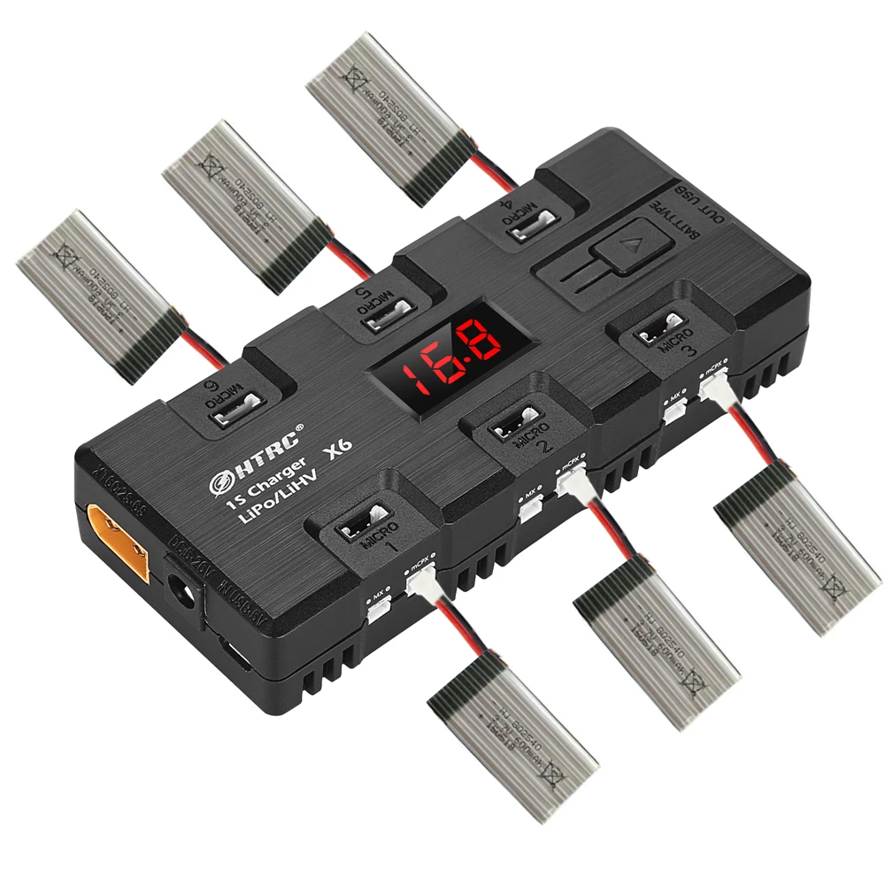 

HTRC X6 1S LiPo/LiHV Battery Charger 6 Channels Board Charger With Micro MX MCPX JST Port For Racing Drone Quadcopter RC Charger
