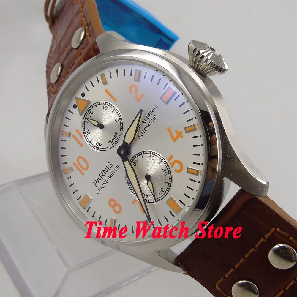 

Parnis watch 47mm white dial brown leather strap power reserve ST2542 Automatic Self-Wind movement Men's watch 96