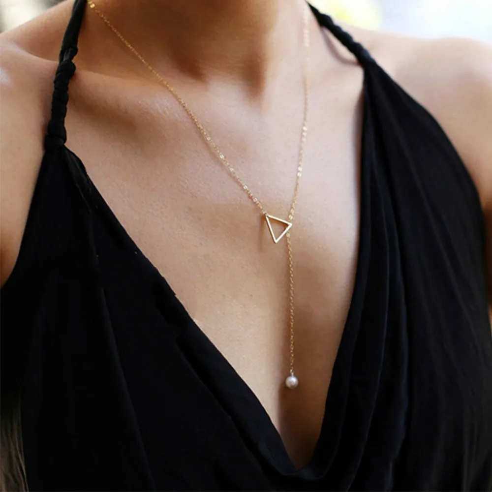

Gold Color Long Chain Triangle Imitation Pearl Choker Necklace For Women Simple Elegant Collares Necklace Jewelry Girl Gift