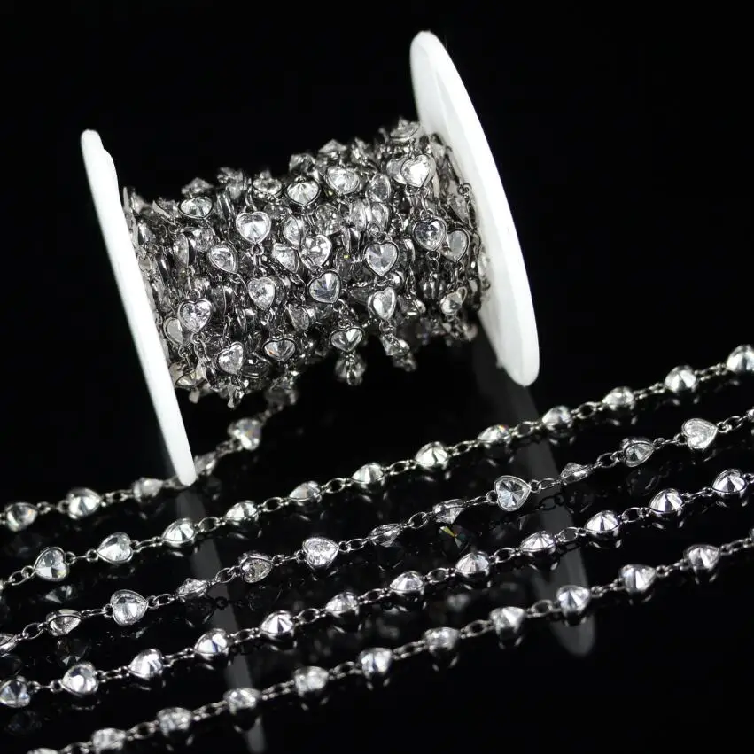 

6mm,Clear White Zircon Faceted Heart Shape Chains,High Quality,Gun Black Plated Links Copper Chains Findings