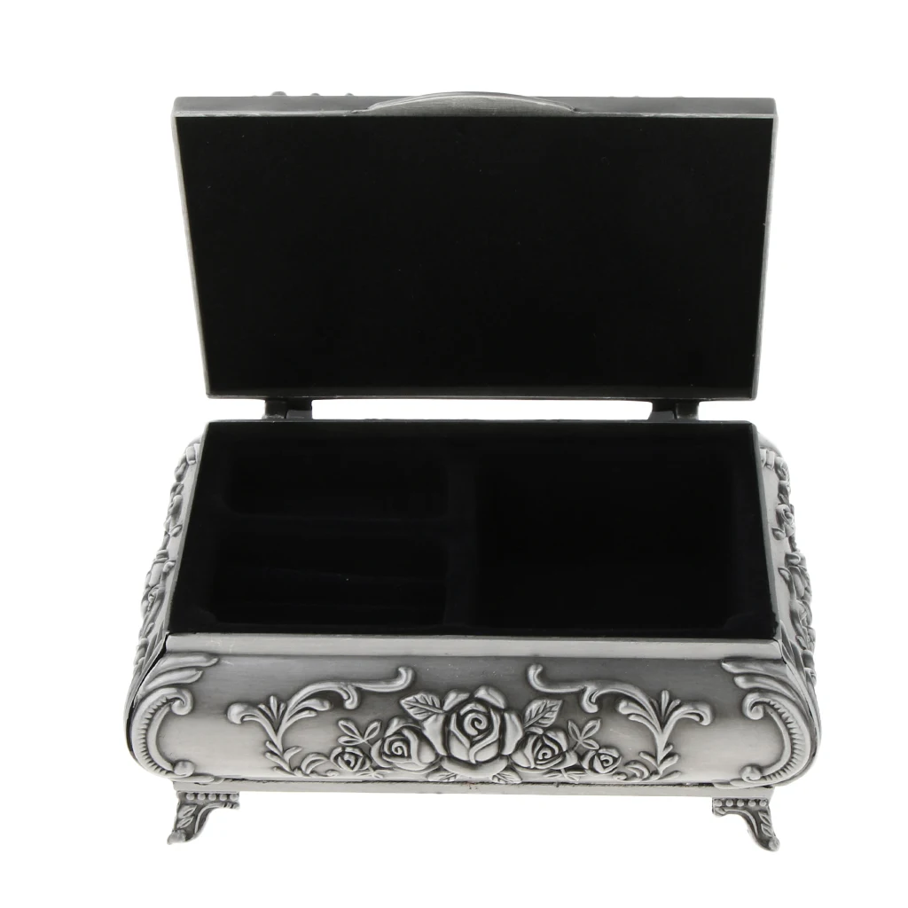 MagiDeal Vintage Jewelry Storage Box Rectangle Zinc Alloy with Antique Rose Flower