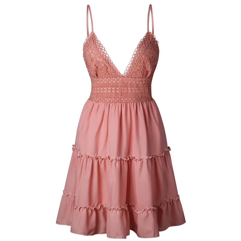 2019 sexy v-neck halter with backless bow lace patchwork pleated dress for women (5)