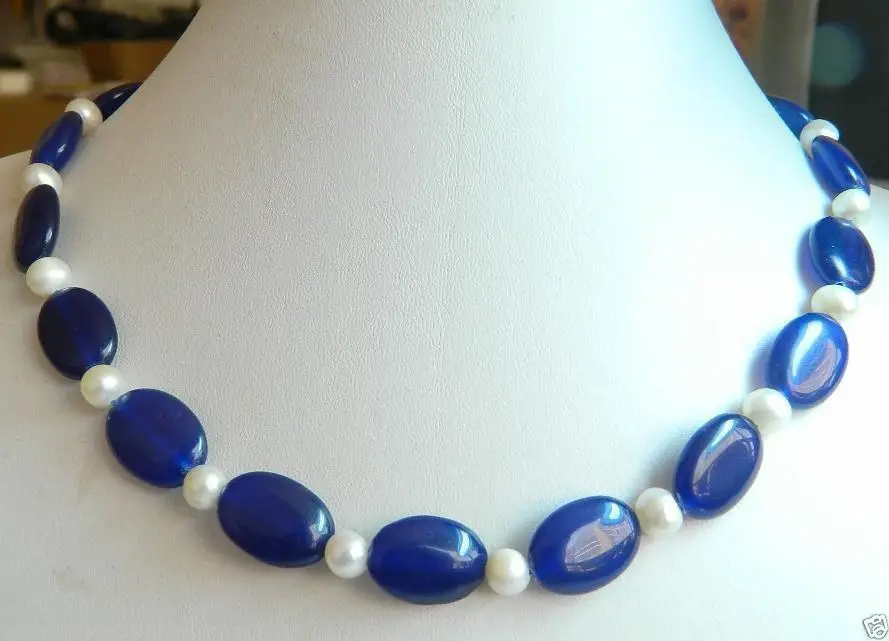 

Free Shipping >>>> 13x18mm oval Blue jade & white freshwater pearls Necklace 18
