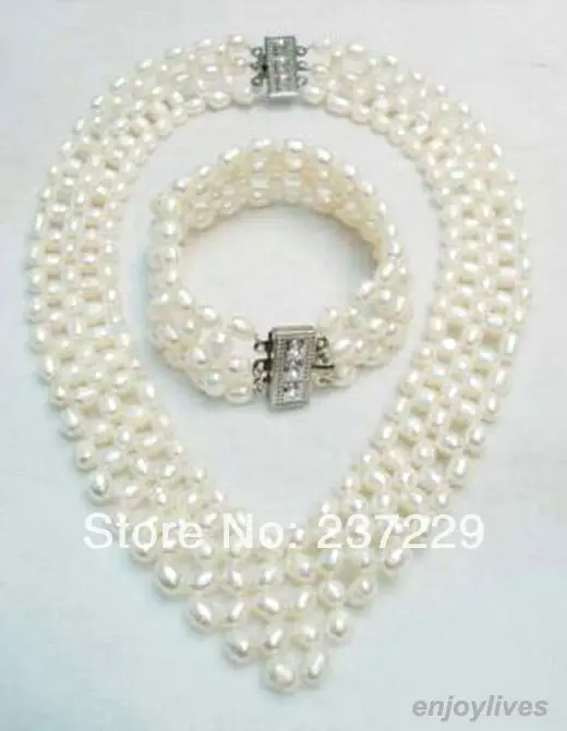 

Wholesale price Fast shipping + a5 Rows Real White Pearl Hand-knitted 18KWGP Crystal Clasp Necklace Bracelet Set (A0516)