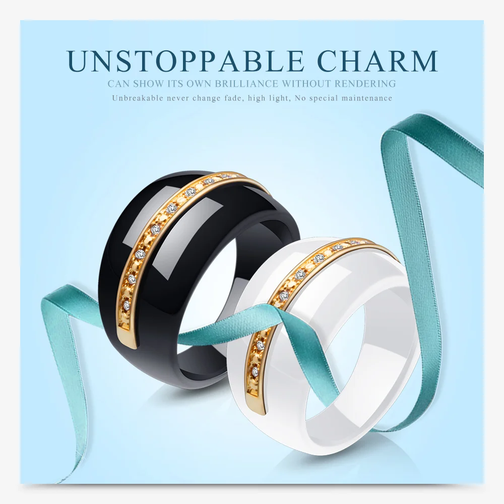 Уникальный дизайн черно-белые керамические кольца для женщин золотого цвета металлические кубические циркониевые керамические свадебные ювелирные изделия