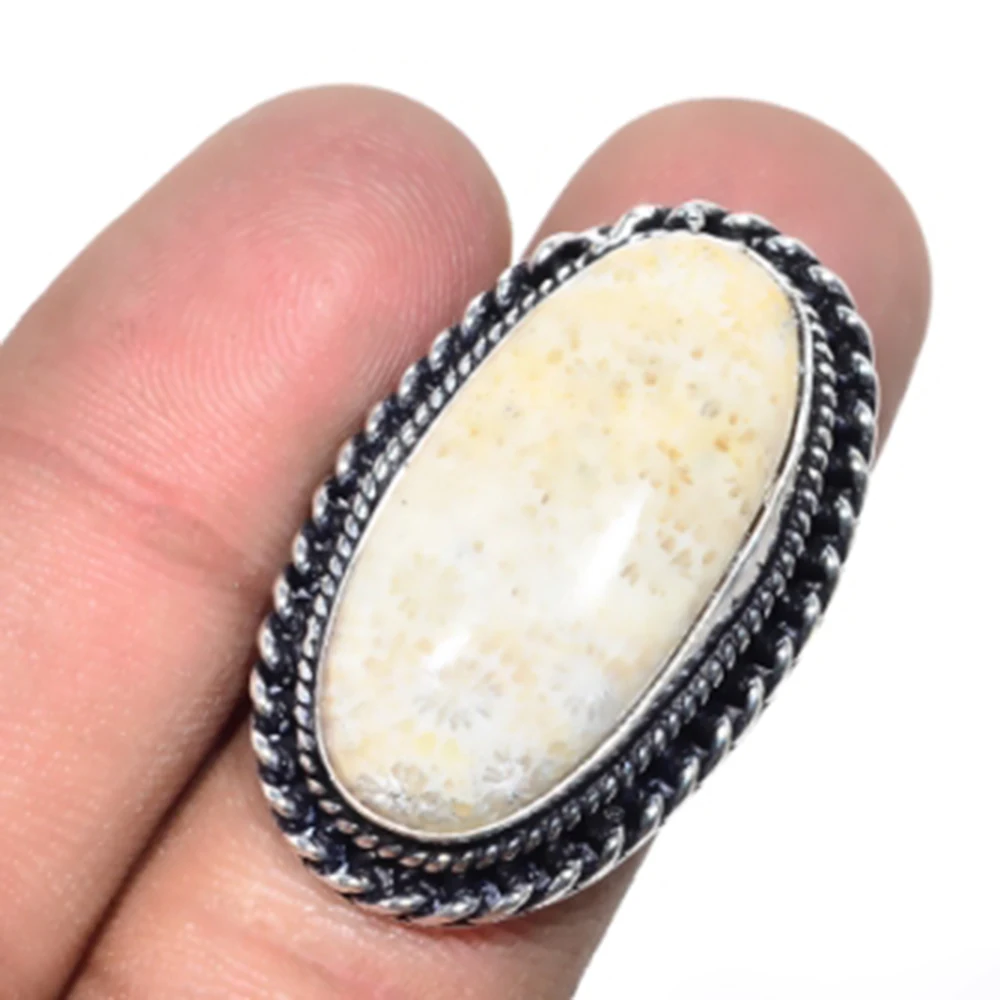 

Fosil Coral Ring Silver Overlay over Copper, USA Size 7.5 , R4717