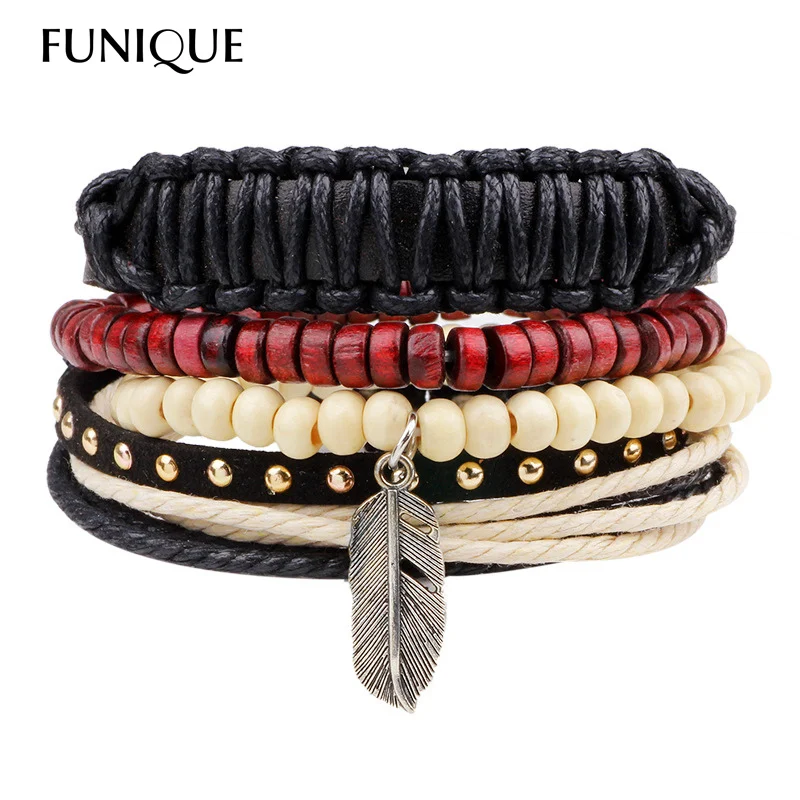 

1Set/4PCs Men's Leather Bracelet With Feather Charm Multilayer Bead Wrap Bracelets for Women Vintage Punk Casual Men Jewelry