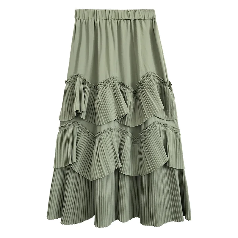 BGTEEVER элегантный зеленый Летняя юбка эластичный пояс Для женщин плиссированные оборки длинные юбки трапециевидной формы feminino Faldas Saias Jupe