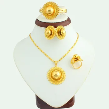

New 2019 Big Size Ethiopian Jewelry Set For Women Gold Color Africa Bridal Wedding Accessories Copper Jewelry Gift JH Brand