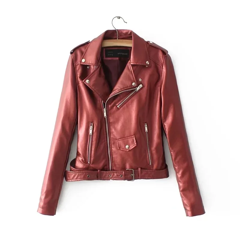 

Women's Autumn New long-sleeved Lapel Short Zipper Bright Color Leather Jacket Jacket Leather Jacket Women
