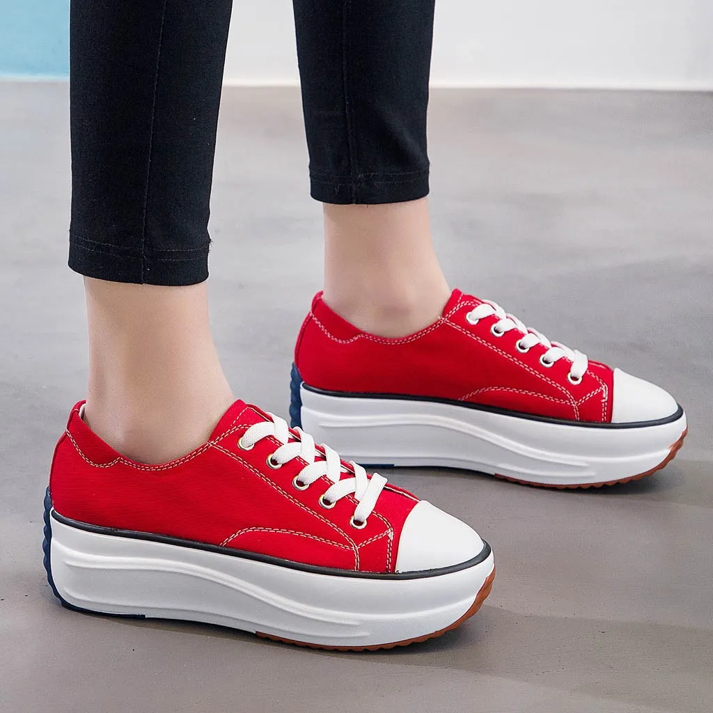 

SAGACE Woman Ladies Canvas Vulcanized Sneakers Wedged Platform Shoes Casual Female Girl Canvas Lace Up High Heel Shoes