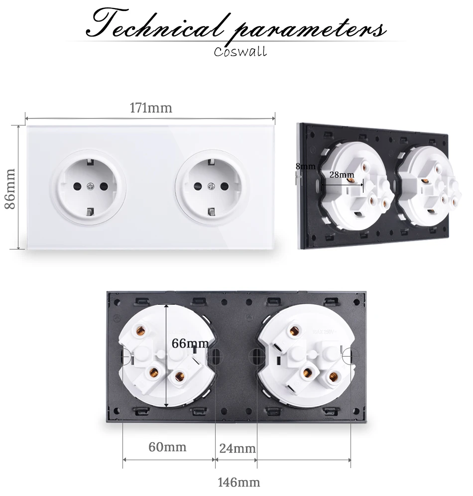 Painel de Vidro Através de Ligar Interruptor de Luz Padrão da ue + 1 Coswall Cristal Branco Tomada Parede Gang 2 Way Passagem - Desligar Comutada 16a 10 tomada parede padrão da ue + 1