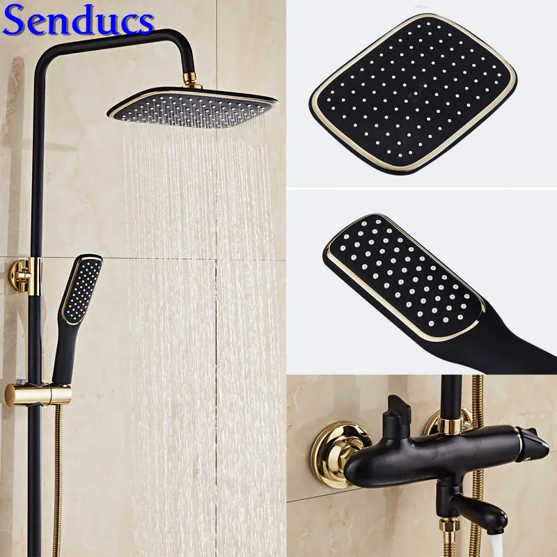 

Senducs Fashion Black Gold Bathroom Shower Set Luxury European Brass Bathroom Mixer Faucet Rainfall Bathroom Shower System