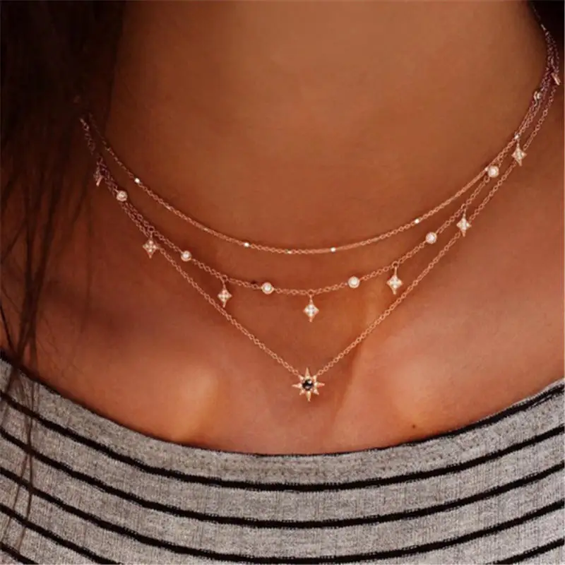 

Exquisite Shiny Crystal Star Bead Geometry Tassel Pendant Multilayer Clavicle Necklace Women Charm Gold Party Necklace Set