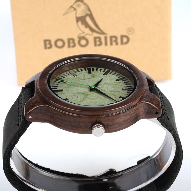 BOBO BIRD WC25 Ebony Wooden Watch Green Second Pointer Wood Face Watches for Men