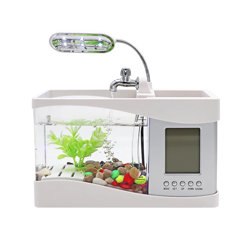 

Aquarium USB Mini Aquarium Fish Tank Aquarium with LED Lamp Light LCD Display Screen and Clock Fish Tank Aquarium Black/ White