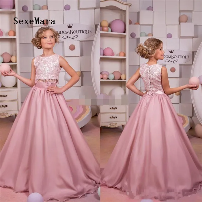 

New Two Pieces Customized Flower Girl Dress Pink Lace Puffy Buttons Back Wedding Birthday Gown Girls Dresses