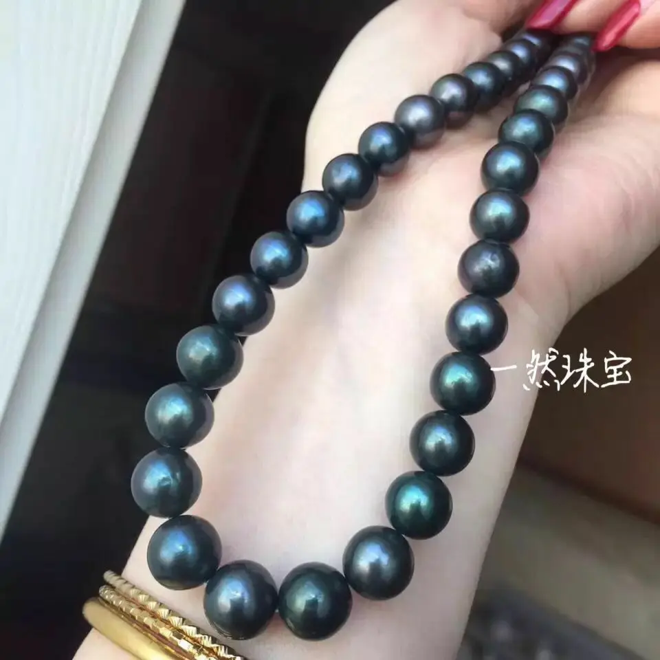 

huge 13-15mm tahitian round black green pearl necklace 18inch 925s