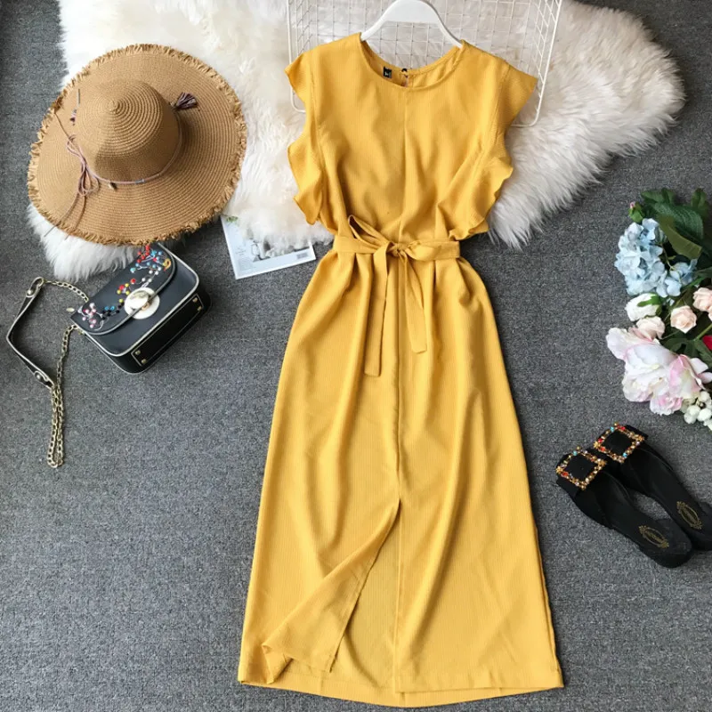 Neploe Korean Summer Irregular Slim Fit Girls Dresses Solid Lace Up Empire Vestidos Elegant Temperament Party cotton Dress 45598 - Цвет: yellow