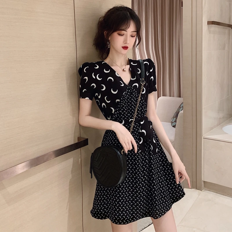 

summer vintage patchwork moon print Women's Clothing sashes lace up v-neck black dress Women high waist ulzzang dresses vestidos