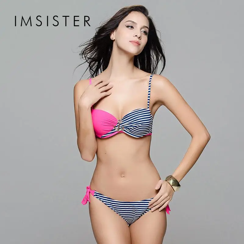 

Women's Bikinis Set Navy Strap Style Metal Anchor Decorations Push Up Swimsuit Summer Swimwear Adjustalbe Tie 2017 New