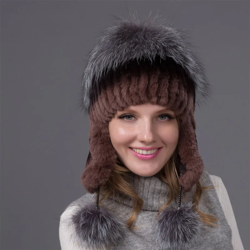 

Women's Autumn and Winter Rex Rabbit Fur Hat Earmuffs Set Knit Aviator Hat Fashion Casual Fur Headdress High Quality THY-01