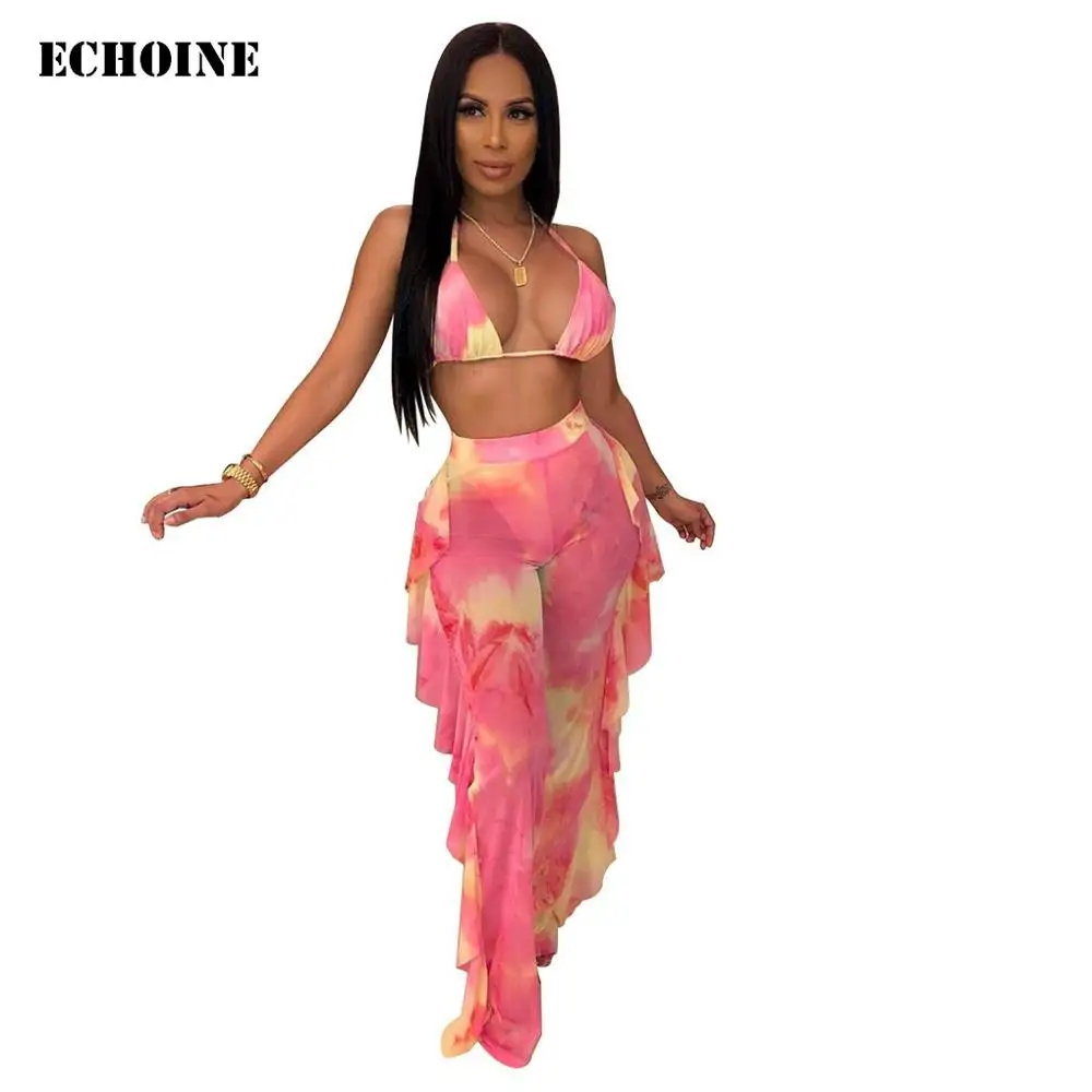 

Ruffle Print 2 Piece Set Beach Clothes Female Swimwear SwimSuits Sexy Bodycon Pants Set Bathing Lady Swimming Suit Summer