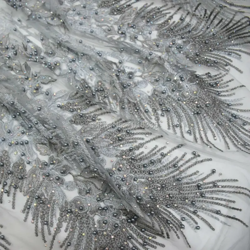 

2017 newest grey silver african french lace fabric high quality handmade pearls tulle french lace for sewing accessories