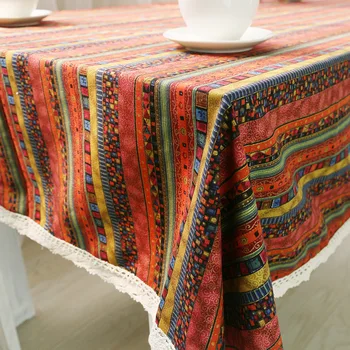 

Bohemian national style Printed Stripe Cotton Linen Lace Table Cloth Lace Creative Party Family Party Rond Tablecloth 4 Colors