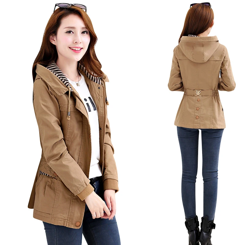 

M-4XL Trench Women Short Slim Coats 2019 New Spring Autumn Simple Hooded Trench Long-sleeved Casual windbreaker Female WYT781
