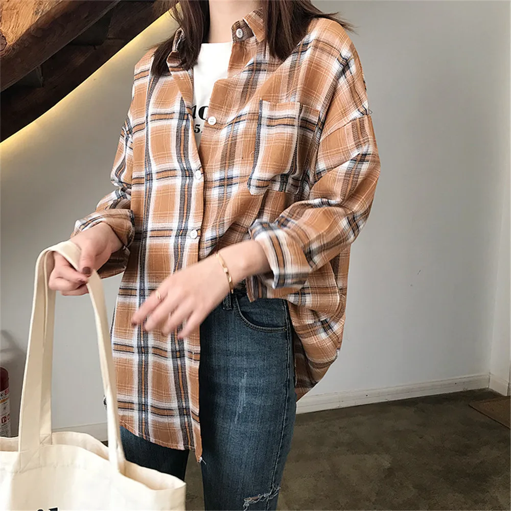 Autumn Boyfriend Style Women Blouse 2018 All Occasion Match casual College shirt long sleeve turn-down collar Plaid Office Shirt (24)