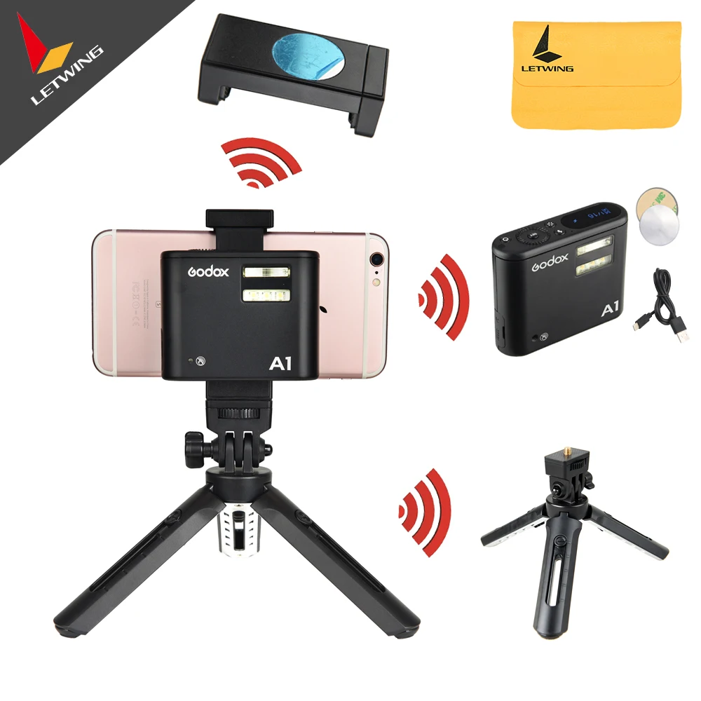 

In Stock Godox A1 Smartphone Flash + MT01 Mini Tripod + MTH Phone Clam TTL Bluetooth with Battery for iPhone 7 6S Plus ios