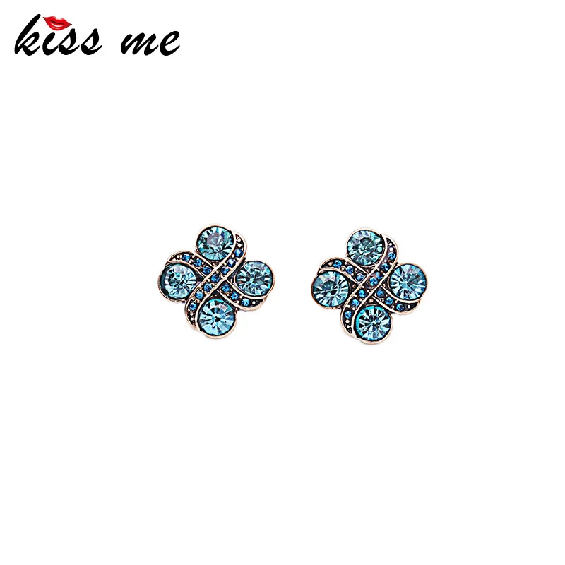 

Blue Crystal Flowers Stud Earrings Kiss Me Brand Antique Gold Color Earrings for Girl Blue Jewelry