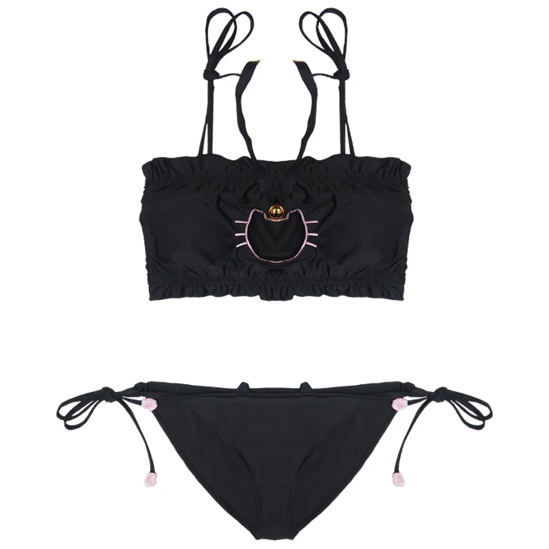 Lovely Cosplay Cartoon Cute Lolita Cat Collar Pierced bra brief Set Kawaii Women Underwear Sexy Lingerie(Bell Choker+Top+Panties