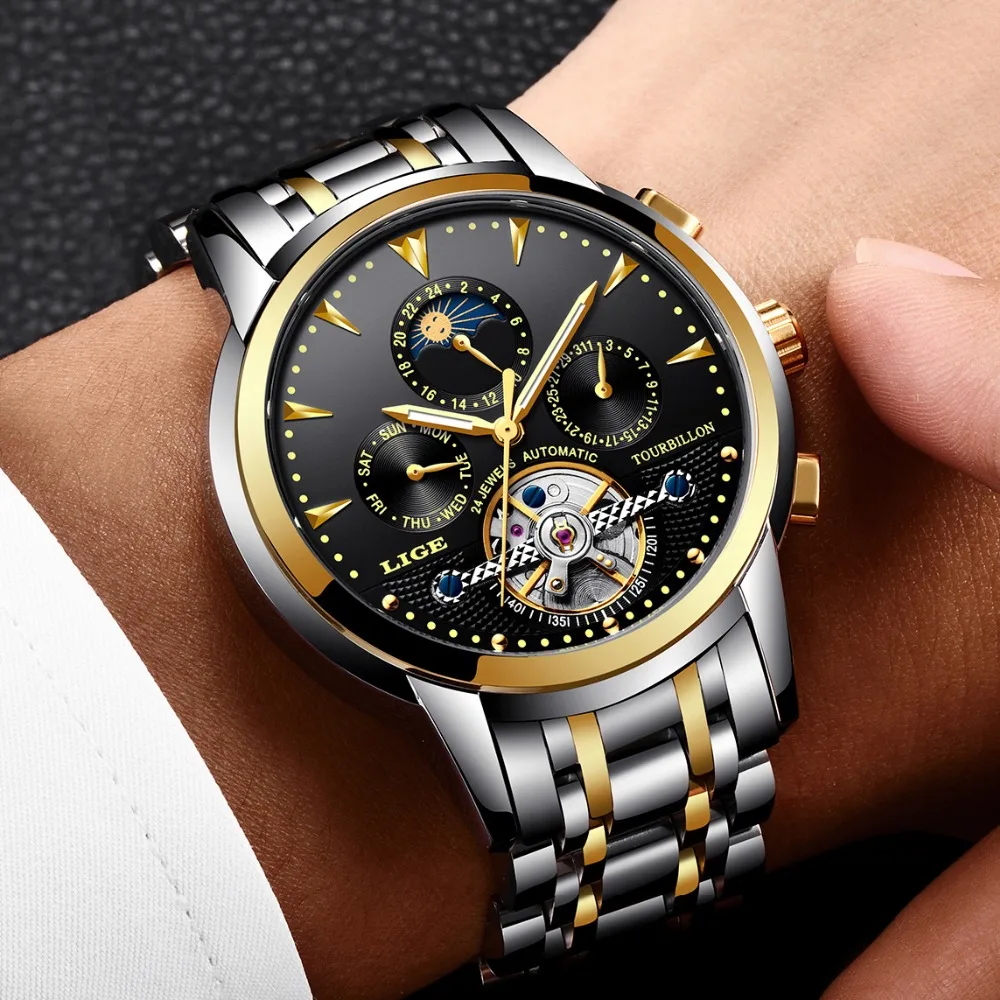 Relogio Masculino رجل الساعات ييج أعلى العلامة التجارية الرجال توربيون التلقائي الميكانيكية ووتش الرجال الأزياء الأعمال للماء ووتش